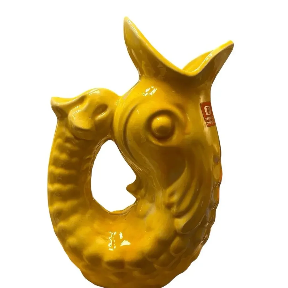 Villa Bologna Malta Gluggle Fish Vase Glossy Yellow Ceramic Vase Stickered
